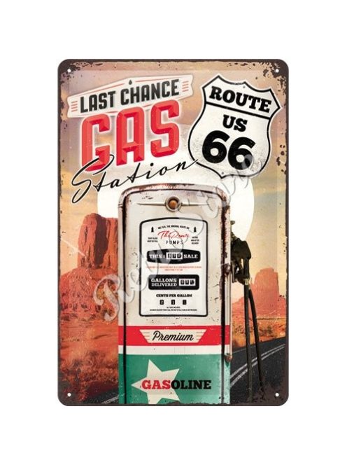 Retró Fém Tábla - Gasoline, Benzin, U.S. Route 66 Dombornyomott