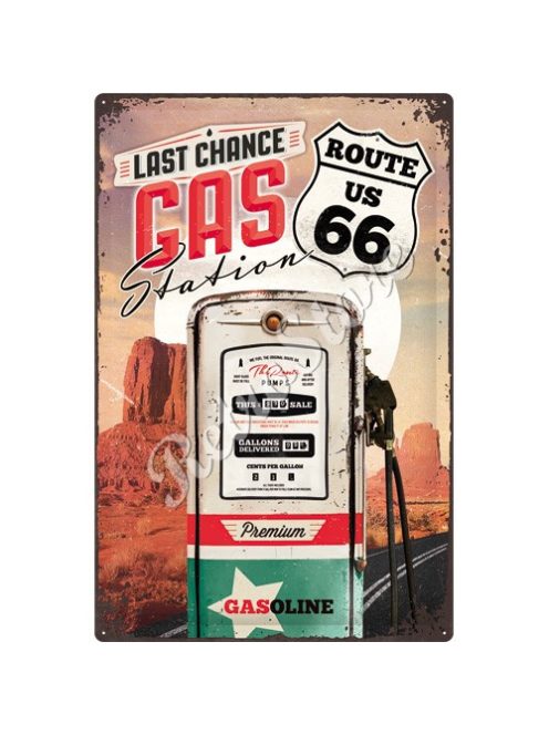 Retró Fém Tábla - Gasoline, Benzin, U.S. Route 66 Dombornyomott